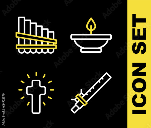 Set line Aroma lamp, Bamboo flute indian, Christian cross and Pan icon. Vector