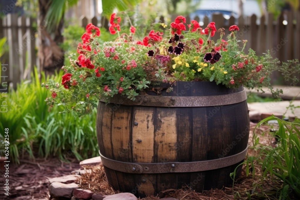 antique barrel repurposed as a flower planter, created with generative ai