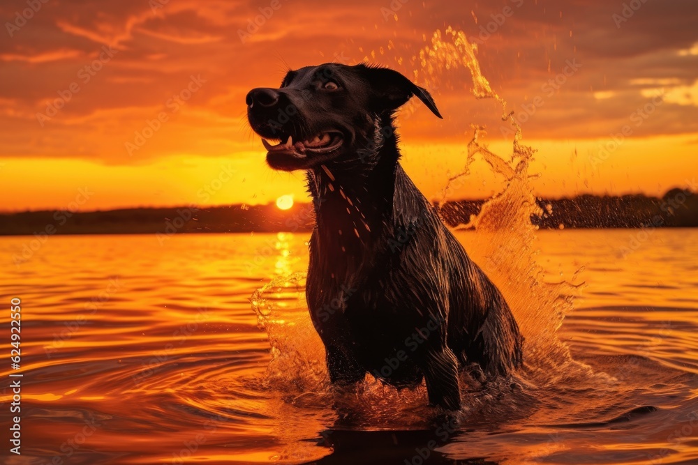 silhouette of wet dog shaking at sunset, created with generative ai silhouette of wet dog shaking at sunset, created with generative ai