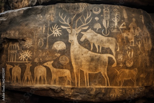 petroglyphs depicting animals and nature symbols, created with generative ai