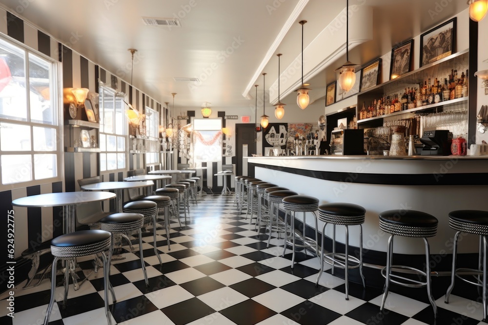black and white checkered floor in milkshake bar, created with generative ai