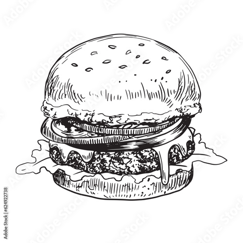 Black and white hand drawn hamburger with melted cheese, tomato, onion, salad isolated in white background. Fast food. Sketch style. Burger drawing with hatching. Engraved illustration