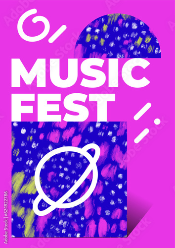 Modern music fest poster template with brush strokes, paint stains, geometric shapes. Hand drawn abstract pattern. Placard with space design elements. Minimalist style banner, blank, flyer