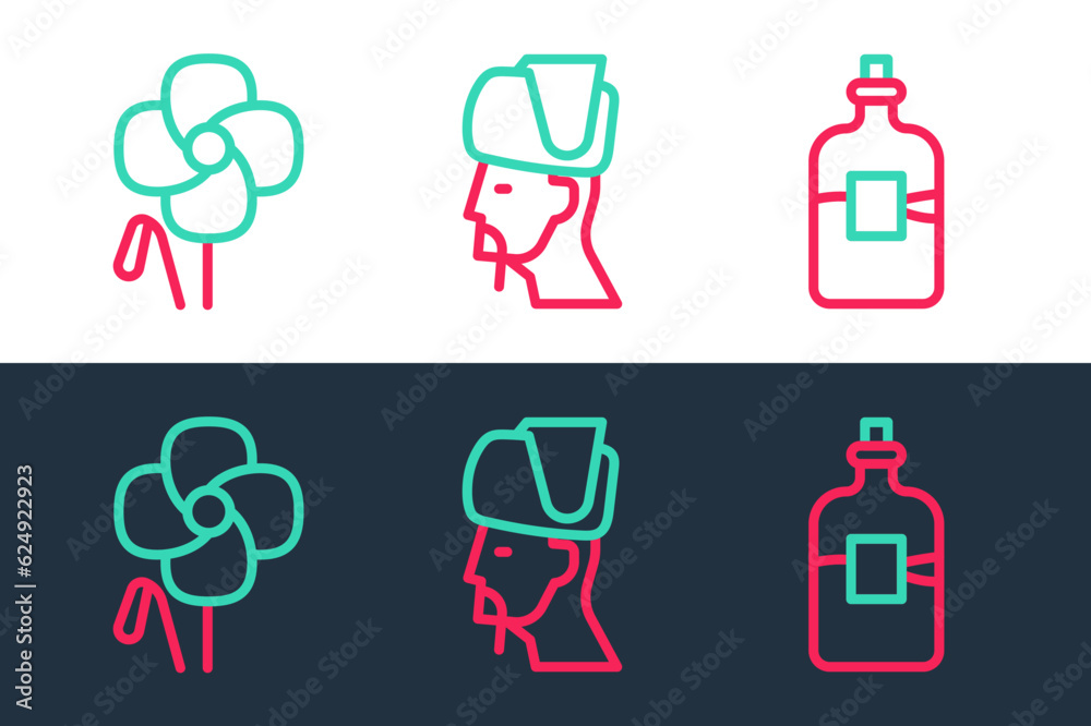 Set line Bottle of vodka, Poppy flower and Ukrainian cossack icon. Vector Set line Bottle of vodka, Poppy flower and Ukrainian cossack icon. Vector