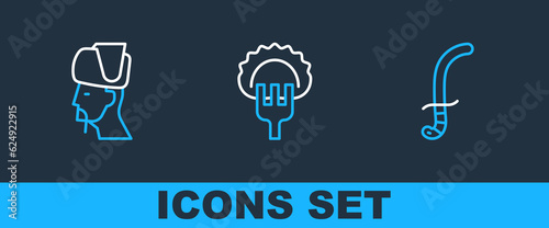 Set line Medieval sword, Ukrainian cossack and Dumplings on fork icon. Vector