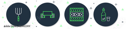 Set line Embroidered towel, Ukrainian ethnic pattern, Garden pitchfork and Vodka with pepper and glass icon. Vector
