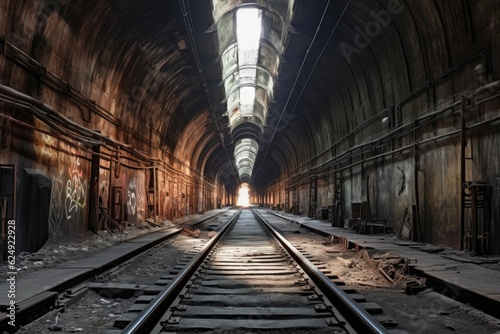 eerie perspective of a long, empty subway tunnel, created with generative ai