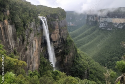 waterfall cascading over towering cliff  with view of the valley below  created with generative ai
