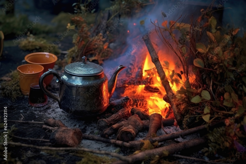 glowing embers of a campfire with herbal tea ingredients, created with generative ai glowing embers of a campfire with herbal tea ingredients, created with generative ai