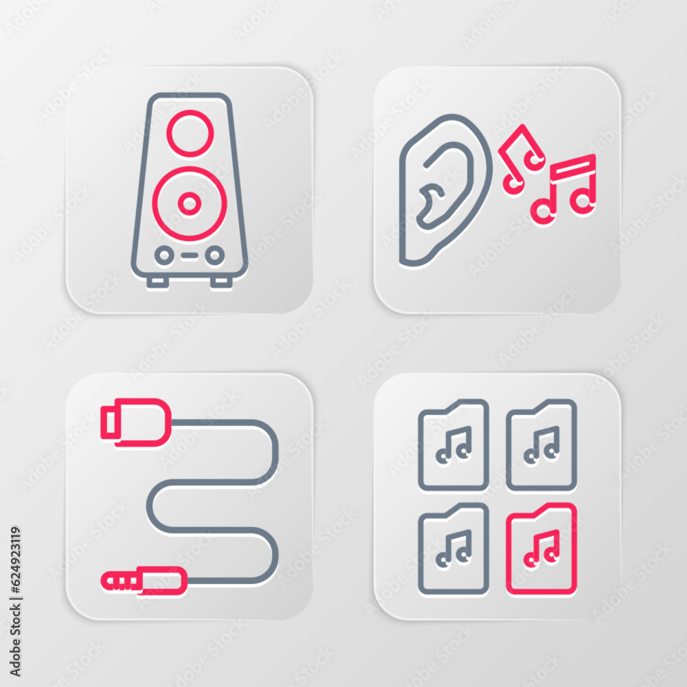 Set line Music file document, Audio jack, Ear listen sound signal and Stereo speaker icon. Vector