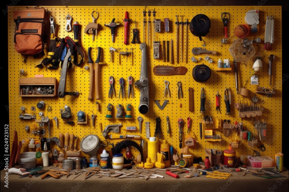 Fototapeta premium neatly arranged tools on a pegboard wall, created with generative ai