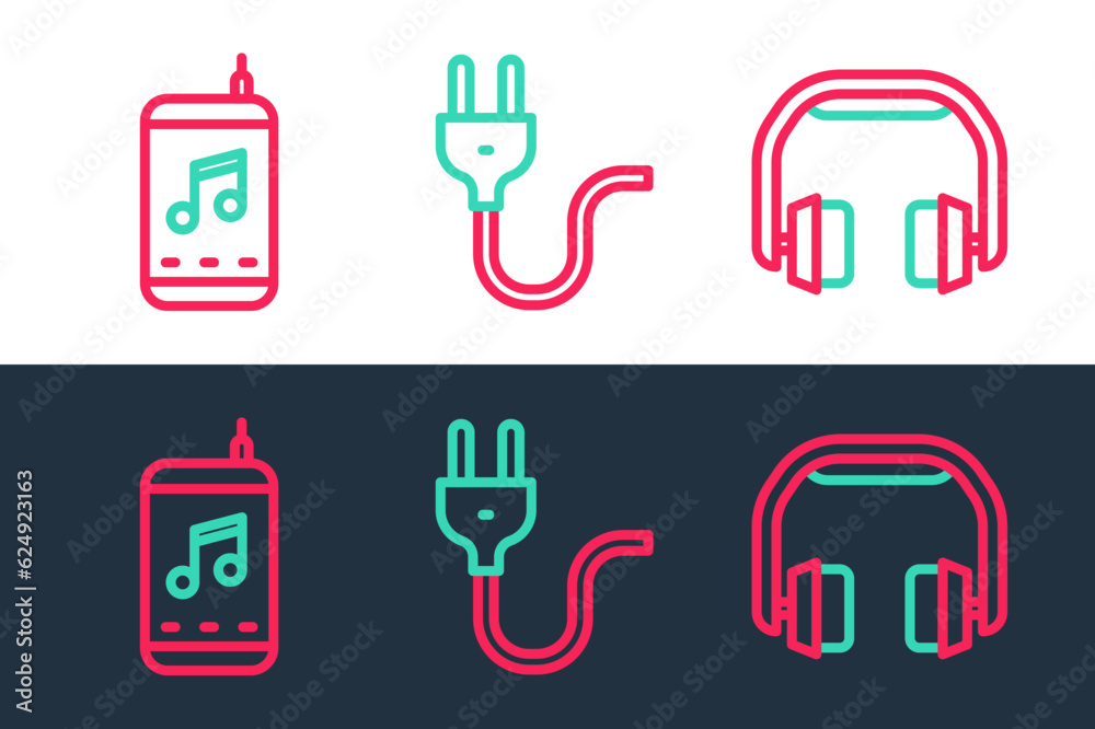 Set line Headphones, Music player and Electric plug icon. Vector Set line Headphones, Music player and Electric plug icon. Vector