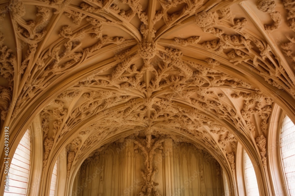 vaulted arches and carved angels on a ceiling, created with generative ai