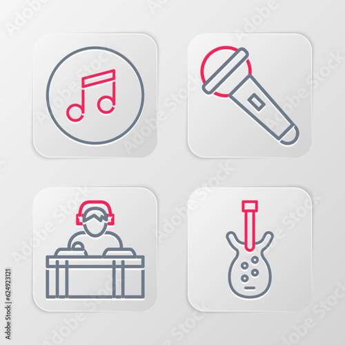 Set line Electric bass guitar  DJ playing music  Microphone and Music note  tone icon. Vector