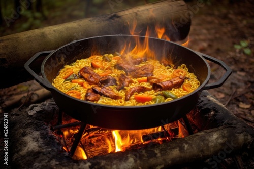 steamy jambalaya in pot surrounded by nature, created with generative ai