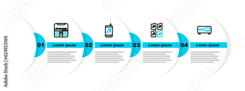 Set line Guitar amplifier, Music file document, player and Home stereo with speakers icon. Vector
