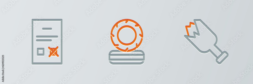 Set line Broken bottle as weapon, Poll document and Lying burning tires icon. Vector Set line Broken bottle as weapon, Poll document and Lying burning tires icon. Vector