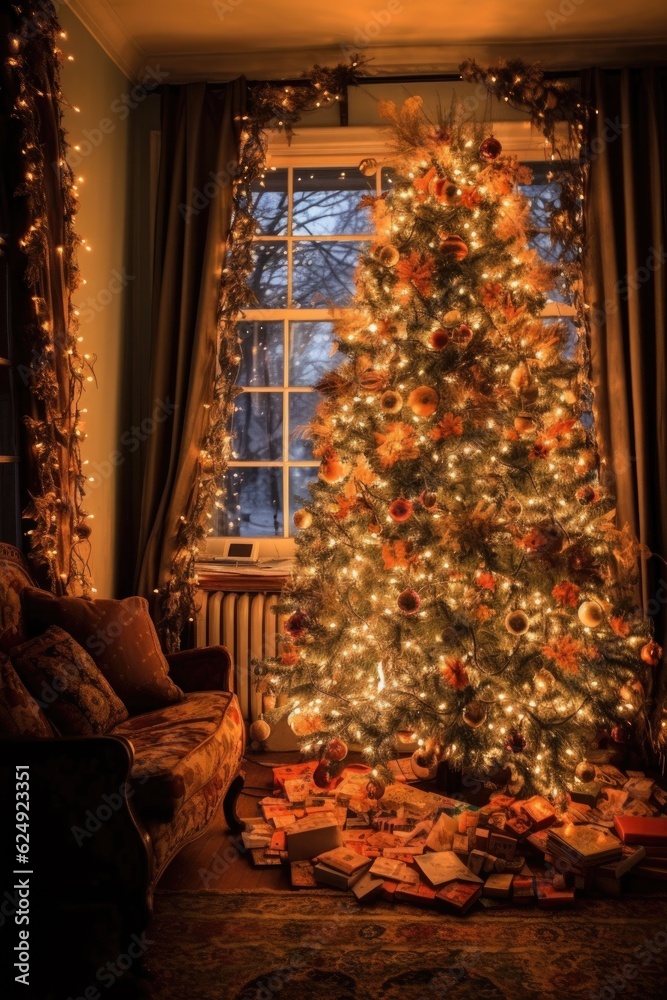 decorated christmas tree with glowing lights, created with generative ai decorated christmas tree with glowing lights, created with generative ai