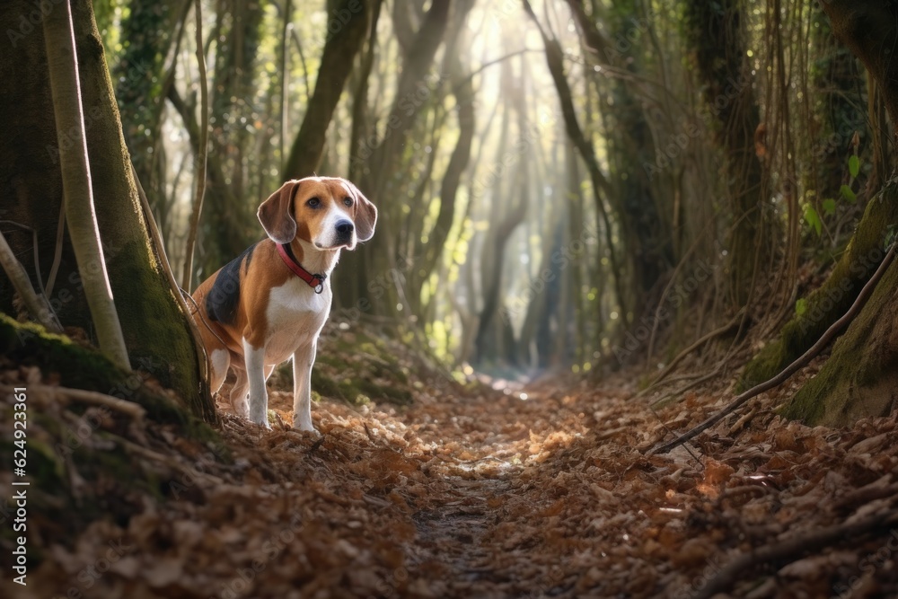 beagle on woodland trail, nose to the ground, created with generative ai