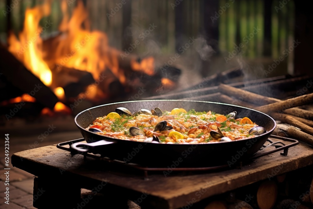 steaming seafood paella on bbq with rustic wooden background, created with generative ai
