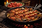 grilled seafood skewers beside paella pan, created with generative ai