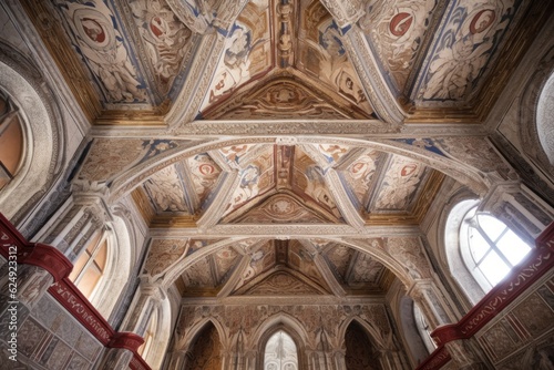 close-up of intricate ceiling patterns and frescoes, created with generative ai