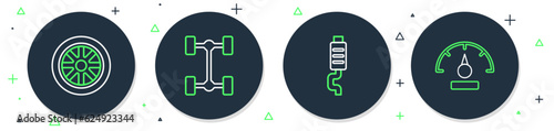 Set line Chassis car, Car muffler, wheel and Speedometer icon. Vector