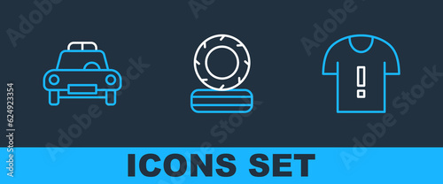 Set line T-shirt protest, Police car and flasher and Lying burning tires icon. Vector
