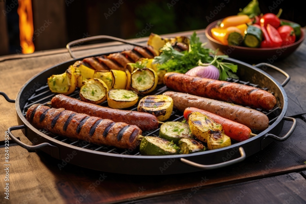 bbq grill with plant-based sausages and peppers, created with generative ai bbq grill with plant-based sausages and peppers, created with generative ai