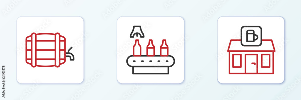 Set line Store building of beer shop, Wooden barrel on rack and Conveyor band, icon. Vector Set line Store building of beer shop, Wooden barrel on rack and Conveyor band, icon. Vector