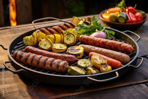 bbq grill with plant-based sausages and peppers, created with generative ai