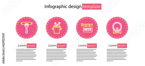 Set line Street signboard with Beer, Wooden barrel on rack, bottles in ice bucket and Sausage the fork icon. Vector