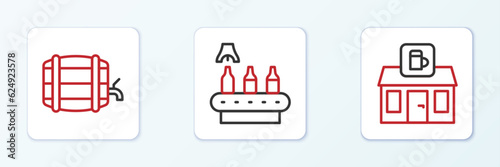 Set line Store building of beer shop, Wooden barrel on rack and Conveyor band, icon. Vector