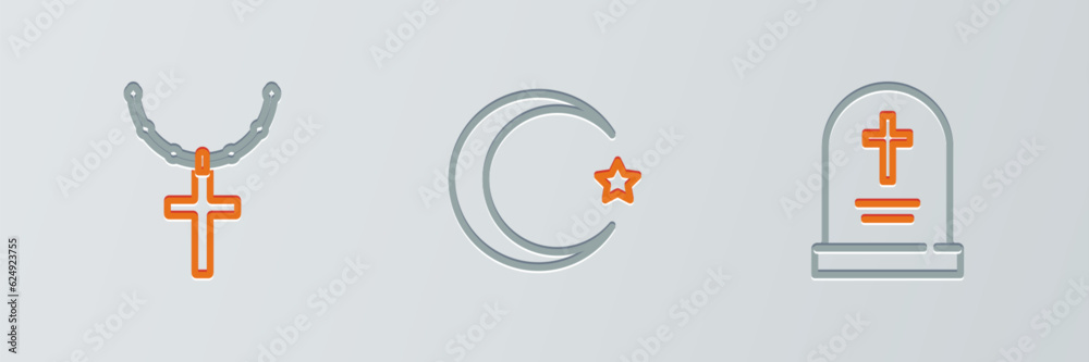 Obraz premium Set line Tombstone with cross, Christian chain and Star and crescent icon. Vector