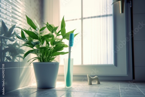 toothbrush and toothpaste with a plant in background, created with generative ai
