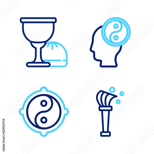 Set line Aspergillum, Yin Yang, and Holy grail or chalice icon. Vector