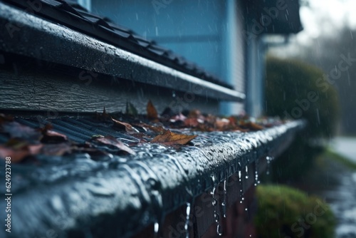 close-up of rainwater overflowing a gutters edge, created with generative ai