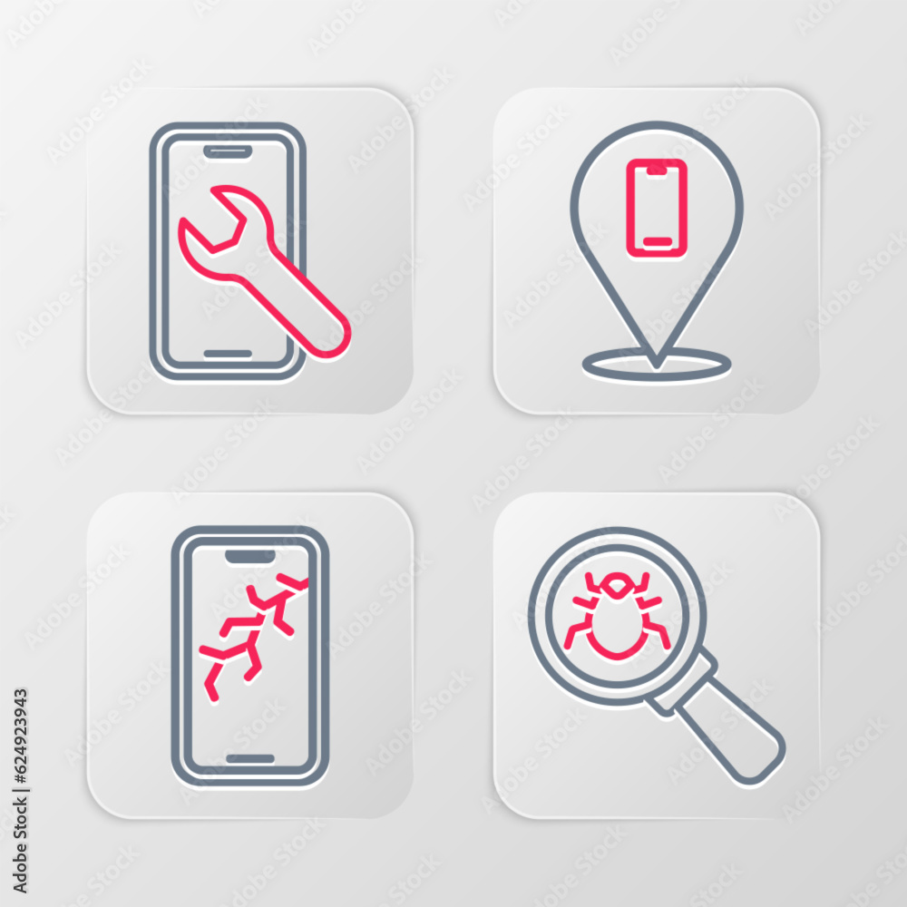 Set line System bug, Mobile with broken screen, Phone repair service and icon. Vector Set line System bug, Mobile with broken screen, Phone repair service and icon. Vector