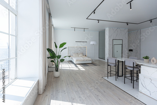 minimalistic modern luxury design of an expensive house with marble trim on a sunny day. white walls with plaster, parquet, decorative lighting and no one inside © 4595886