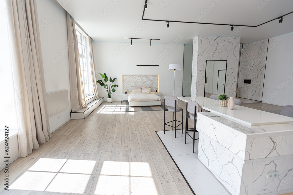 custom made wallpaper toronto digitalminimalistic modern luxury design of an expensive house with marble trim on a sunny day. white walls with plaster, parquet, decorative lighting and no one inside