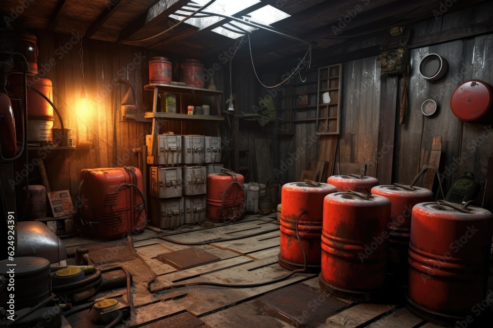 generator and fuel cans in a garage, created with generative ai generator and fuel cans in a garage, created with generative ai