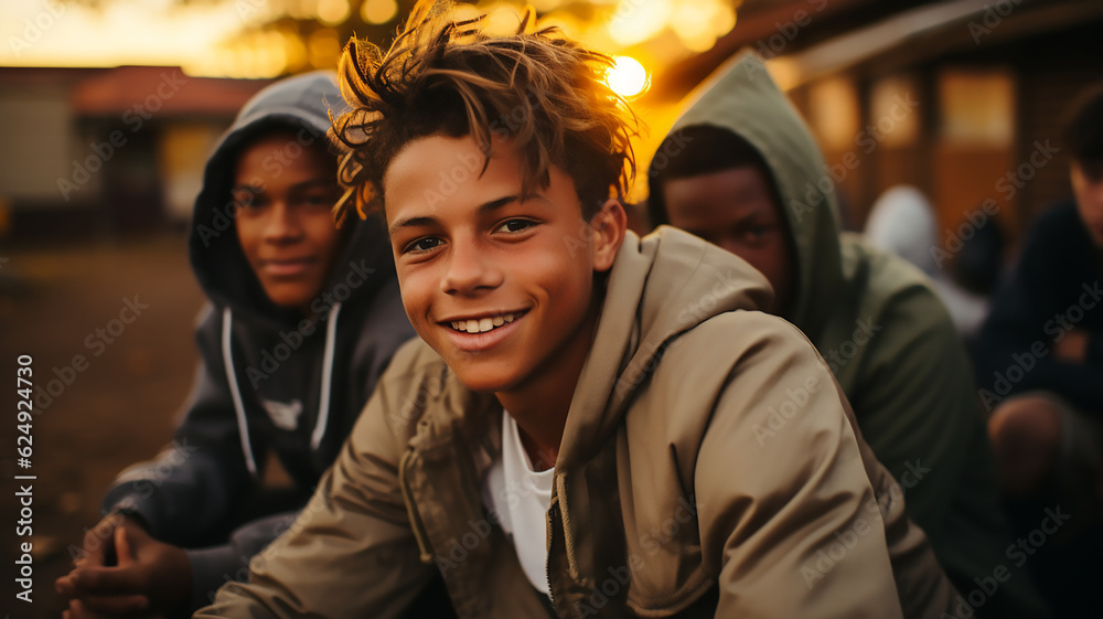 Portrait of multicultural teenage boys happy smile outdoor