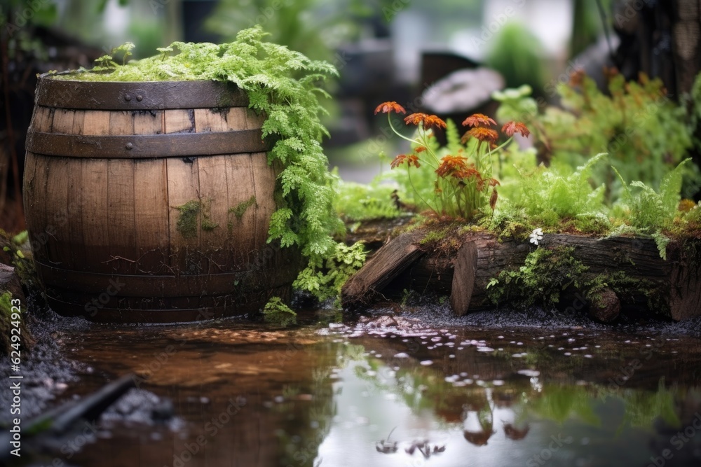 rainwater collected in an old wooden barrel, created with generative ai rainwater collected in an old wooden barrel, created with generative ai