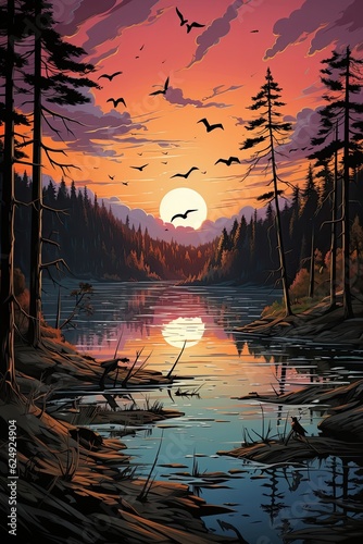 At sunset, a bird flies over a forest with a lake. (Generative AI)