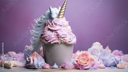 Unicorn Themed Ice Cream - Pastel Tones Against Textured Backdrop with Beautiful Floral Elements and Whimsical Design - Generative AI