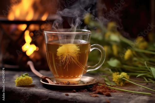 close-up of dandelion tea in a cup with campfire in the background, created with generative ai