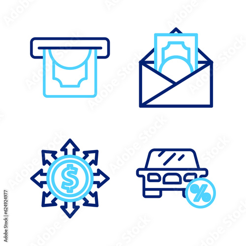 Set line Car leasing percent, Dollar, share, network, Envelope with dollar symbol and ATM and money icon. Vector