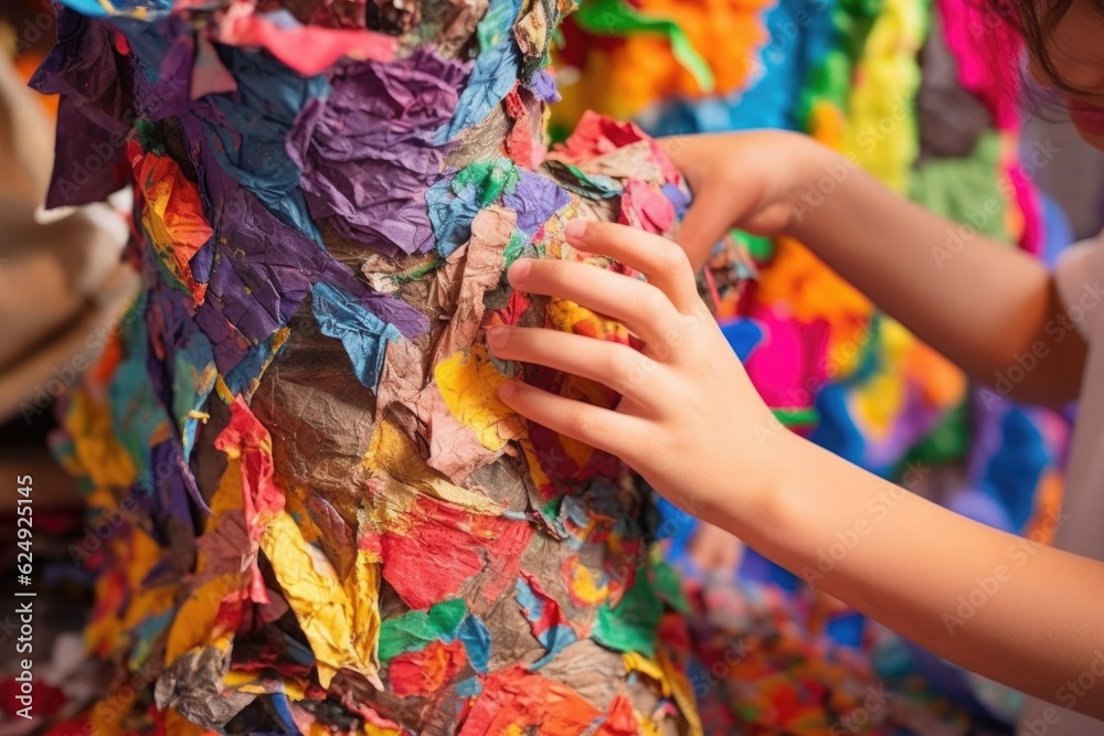 close-up of hands applying paper mache to pinata, created with generative ai
