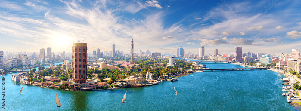 Modern Cairo downtown, aerial view over the Nile, Egypt