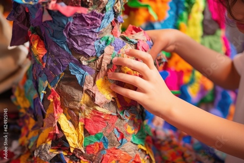 close-up of hands applying paper mache to pinata, created with generative ai photo